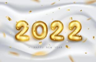 bonne année 2022. nombres métalliques dorés 2022 en 3d réaliste sur fond blanc doux avec des paillettes brillantes ou un ruban tombant. éléments de vacances vector illustration pour bannière, affiche et design