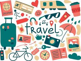 une ensemble de objets sur le thème de Voyage et vacances avec le une inscription Voyage. tourisme, transport, temps, articles vecteur