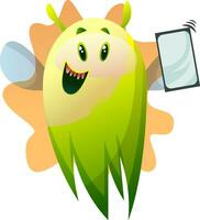 souriant dessin animé vert monstre avec téléphone vecteur illustartion sur blanc Contexte