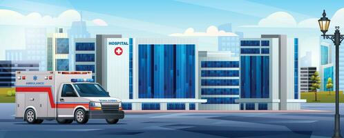 hôpital bâtiment avec ambulance urgence auto. médical clinique conception Contexte paysage illustration vecteur