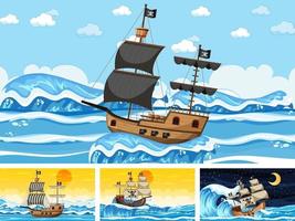 scènes de l'océan avec bateau pirate en style cartoon vecteur