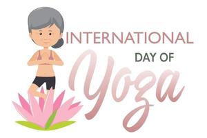 bannière de la journée internationale du yoga avec une vieille femme faisant une pose de yoga vecteur