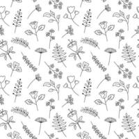 floral modèle vecteur noir et blanc sans couture Contexte. mignonne main tiré fleurs, feuille éléments. décoratif les plantes répéter illustration