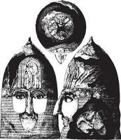 Jaroslav casque, grandiose Duc de Russie à 1238, vu haut, de face et côté, ancien gravure. vecteur