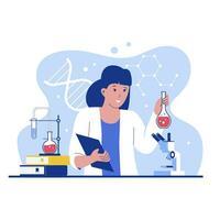 Jeune femme scientifique travail dans laboratoire. vecteur plat illustration