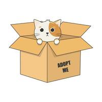 international sans abri animaux journée. mignonne dessin animé chat dans une papier carton boîte avec le mots adopter moi. vecteur illustration isolé sur blanc Contexte.