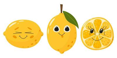 citron fruit personnage avec affronter. été ensemble vitamine vecteur illustration isolé sur blanche. tranche et entier fruit
