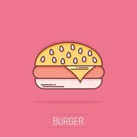 icône de restauration rapide de burger de dessin animé de vecteur dans le style comique. pictogramme d'illustration de signe de hamburger. concept d'effet d'éclaboussure d'entreprise de hamburger.