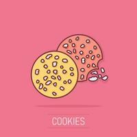 icône de cookie de dessin animé de vecteur dans le style comique. pictogramme d'illustration de signe de biscuit à puce. concept d'effet d'éclaboussure d'entreprise de biscuit de pâtisserie.