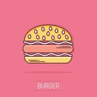 icône de restauration rapide de burger de dessin animé de vecteur dans le style comique. pictogramme d'illustration de signe de hamburger. concept d'effet d'éclaboussure d'entreprise de hamburger.