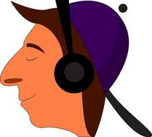 profil dessin animé de une souriant garçon avec violet casquette et noir écouteurs vecteur illustration sur blanc Contexte