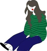 abstrait vecteur illustration sur blanc Contexte de une poil long séance fille dans vert rayé chemise et jeans