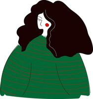 abstrait portrait de une fille avec longue foncé cheveux dans une vert chandail avec rouge rayures vecteur illustration ouvert blanc Contexte