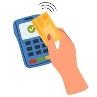 la personne paie pour une achat par crédit ou débit carte. acheteur payant sur sans contact Terminal. numérique transaction et sans fil transfert concept. vecteur illustration avec main et argent factures.