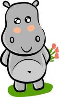 souriant gris hippopotame avec rose fleurs vecteur illustration sur blanc Contexte