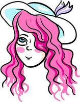 fille avec lumière rose cheveux et bleu chapeau regards magnifique vecteur ou Couleur illustration