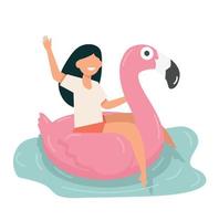 femme assise sur un flotteur flamant rose vecteur