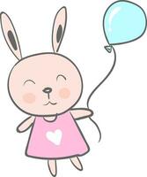 une mignonne bébé dessin animé lièvre habillé dans rose et détient une bleu ballon dans main vecteur Couleur dessin ou illustration