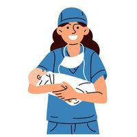 une sage-femme ou une médecin avec le concept de une nouveau née. une femme infirmière, médecin ou sage-femme sourit dans une bleu uniforme, permanent en portant une nouveau née bébé dans sa bras dans une maternité hôpital vecteur illustration