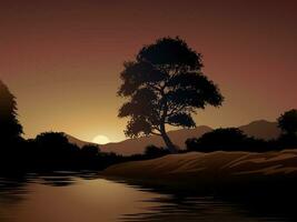 le coucher du soleil dans au bord de la rivière avec gros arbre vecteur