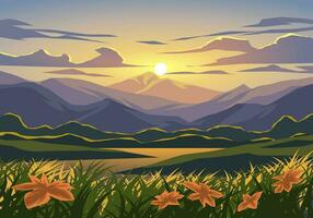 lever du soleil dans magnifique Montagne paysage avec Lac vecteur
