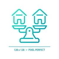 2d pixel parfait bleu pente Maisons sur poids échelle icône, isolé vecteur, mince ligne illustration représentant comparaisons. vecteur