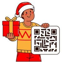 garçon dans une Père Noël claus chapeau en portant une cadeau boîte et qr code vecteur