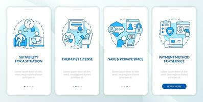 2d Icônes représentant en ligne thérapie mobile app écran ensemble. procédure pas à pas 4 pas bleu graphique instructions avec linéaire Icônes concept, interface utilisateur, ux, gui modèle. vecteur