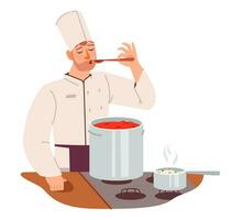 le chef goûts le aliments. le cuisinier est en train de préparer soupe dans le restaurant.appartement vecteur illustration