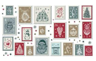 avènement calendrier, Noël timbres, poster, carte postale main tiré illustrations. vecteur