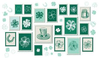 st. patrick's journée ensemble, timbres, poster, carte postale, main tiré des illustrations vecteur