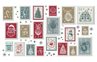 avènement calendrier, Noël timbres, poster, carte postale main tiré illustrations. vecteur