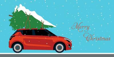 joyeux Noël et content Nouveau année carte postale ou affiche ou prospectus modèle avec voiture porter Noël arbre. vecteur