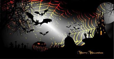 bannière de fête d'halloween, arrière-plan sombre effrayant, silhouettes de personnages et chauves-souris effrayantes avec château hanté gothique, concept de thème d'horreur, citrouille effrayante et cimetière sombre, modèles vectoriels vecteur