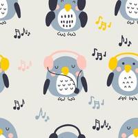 modèle sans couture de pingouins musicaux dessinés à la main. vecteur