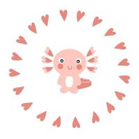 forme ronde de coeurs dessinés à la main avec axolotl. vecteur