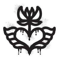 cœur graffiti avec ailes et des roses tiré avec noir vaporisateur peindre vecteur