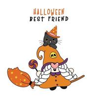 mignon gnome de sorcière d'amitié et joyeux chat noir halloween meilleur ami, personnage de dessin animé doodle contour dessiné à la main vecteur