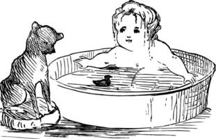 bébé et chien sont nager dans cette image ancien gravure. vecteur