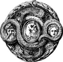 serpent broche, deux figure têtes, ancien gravure. vecteur