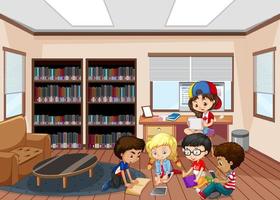 enfants lisant des livres dans la bibliothèque vecteur