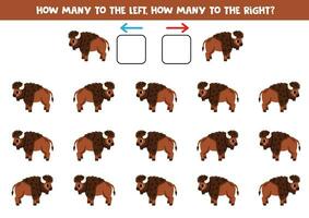 la gauche ou droite avec mignonne dessin animé américain bison. logique feuille de travail pour enfants d'âge préscolaire. vecteur