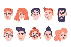ensemble de dix visages humains différents avec diverses expressions. illustration vectorielle de style doodle dessinés à la main vecteur