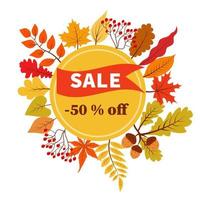 bannière de vecteur de réduction de 50 pour cent de vente d'automne avec le feuillage.