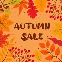 bannière de vente d'automne avec des feuilles colorées, des glands, du sorbier des oiseleurs. vecteur