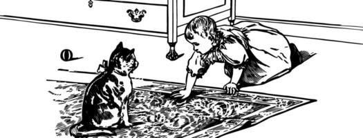 bébé avec une chaton dans tapis dans cette image ancien gravure. vecteur