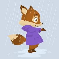 petit renard avec manteau imperméable sous la pluie d'automne vecteur