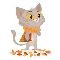 un chaton avec une écharpe marche parmi les feuilles d'automne vecteur