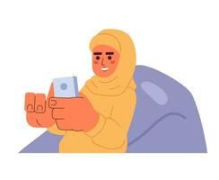relaxant hijab fille sur pouf chaise 2d dessin animé personnage. mobile téléphone en utilisant musulman Jeune adulte femelle isolé vecteur la personne blanc Contexte. loisir temps du repos Couleur plat place illustration