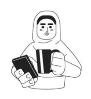 hijab fille en portant téléphone, en buvant thé noir et blanc 2d dessin animé personnage. musulman Jeune adulte femme isolé vecteur contour personne. moderne mode de vie monochromatique plat place illustration